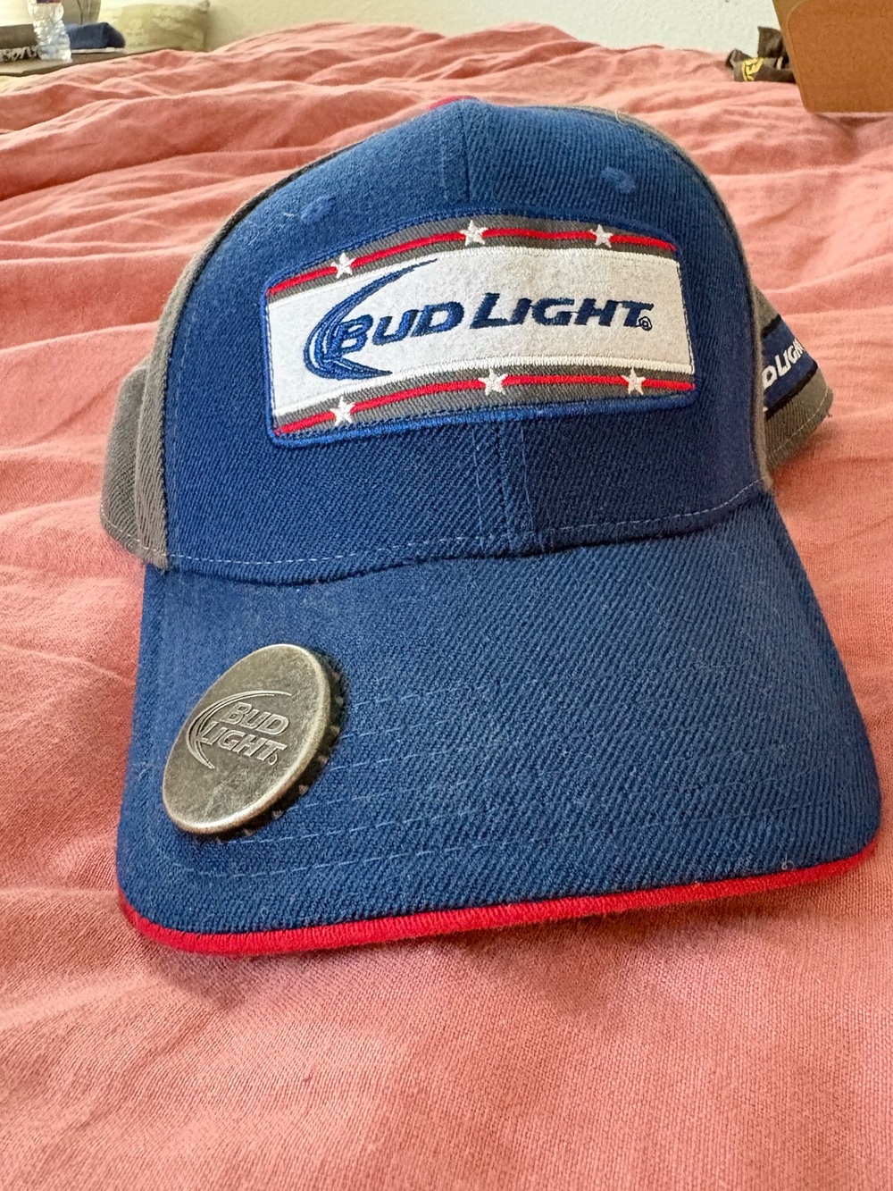 Bud Light Men's Blue and Gray Trucker Hat with Red Trim